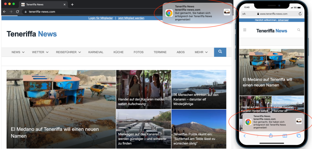 Kanaren News Push Nachrichten Beispiel